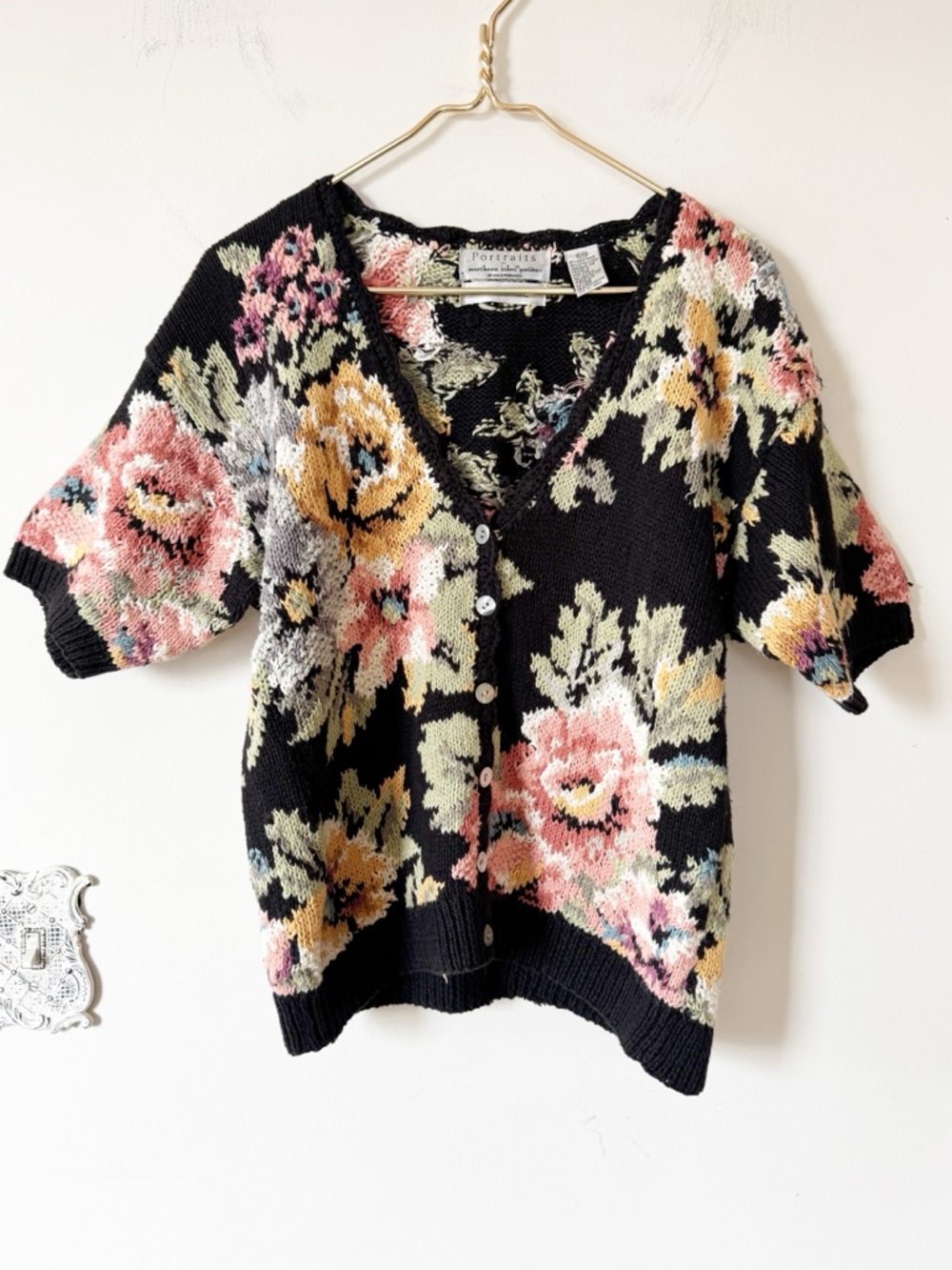 Portraits Vintage Black Cottage Floral Hand Knitted Cardigan Sweater PM